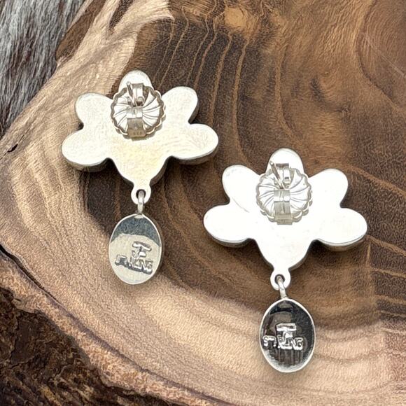 FEDERICO JIMENEZ Sterling Silver & Natural Turquoise Dangle Earrings Fan Shapes - Picture 2 of 3